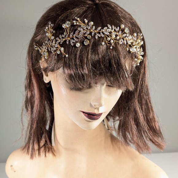 Summer Goddess bridal headband, wedding accessory hairstyle gold pearl crystals - Picture 4 of 11